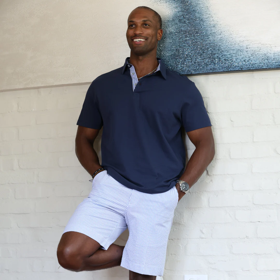 Corta TAILORED FIT Navy Polo with Blue Seersucker Trim - Image 2