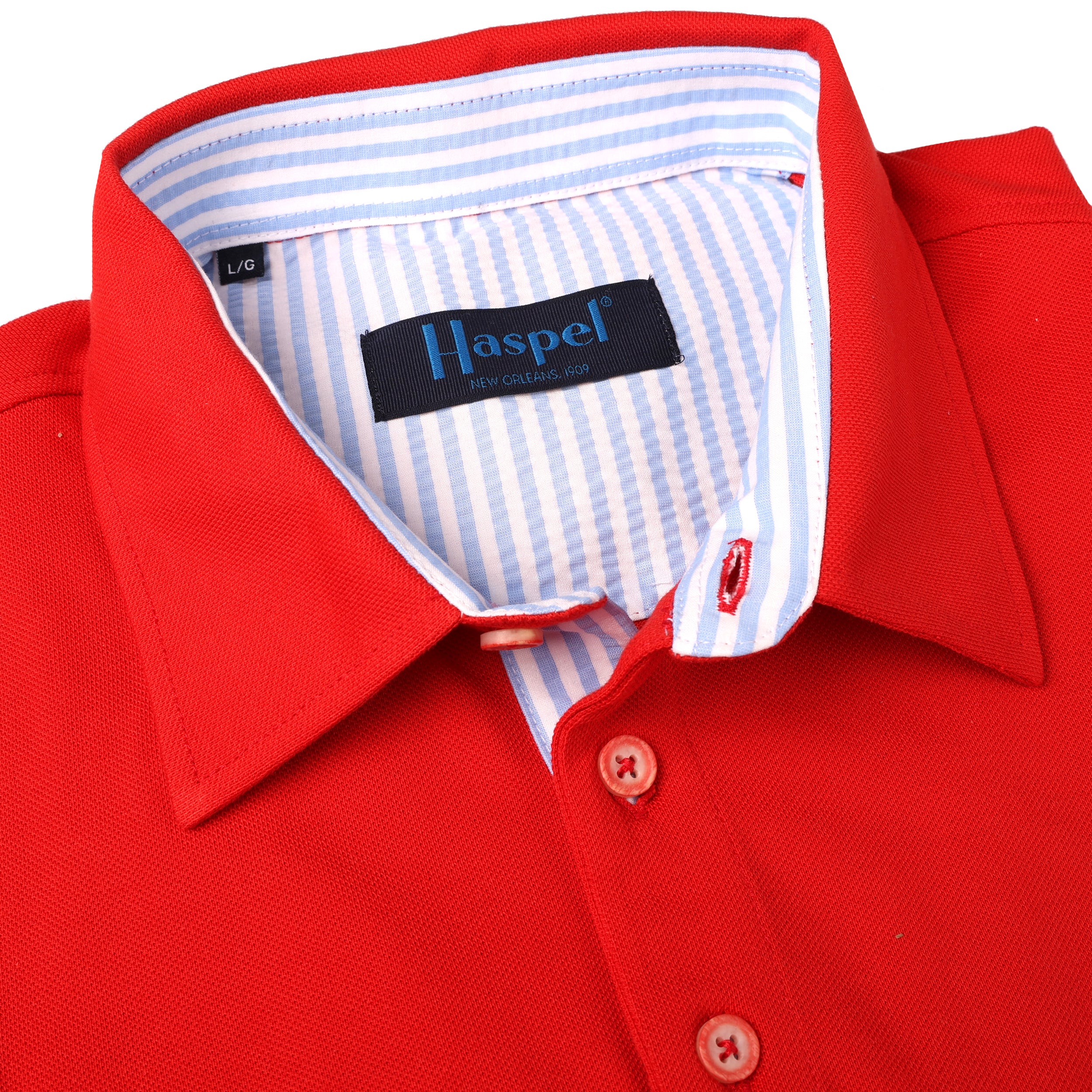 Corta TAILORED FIT Red Polo with Lt. Blue Seersucker Trim