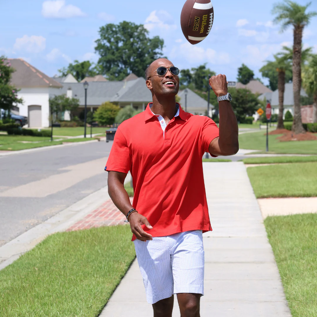 Corta TAILORED FIT Red Polo with Lt. Blue Seersucker Trim - Image 2