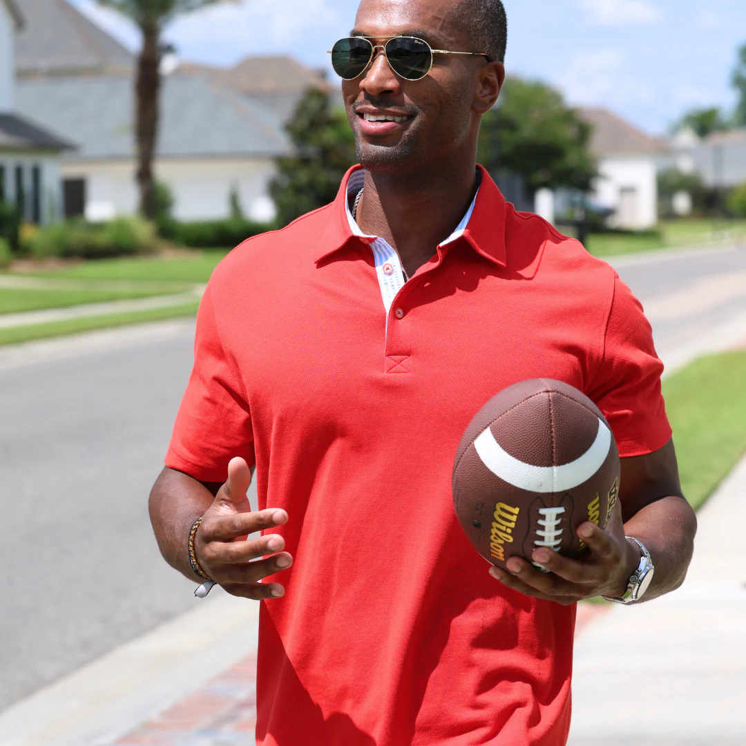 Corta TAILORED FIT Red Polo with Lt. Blue Seersucker Trim - Image 3