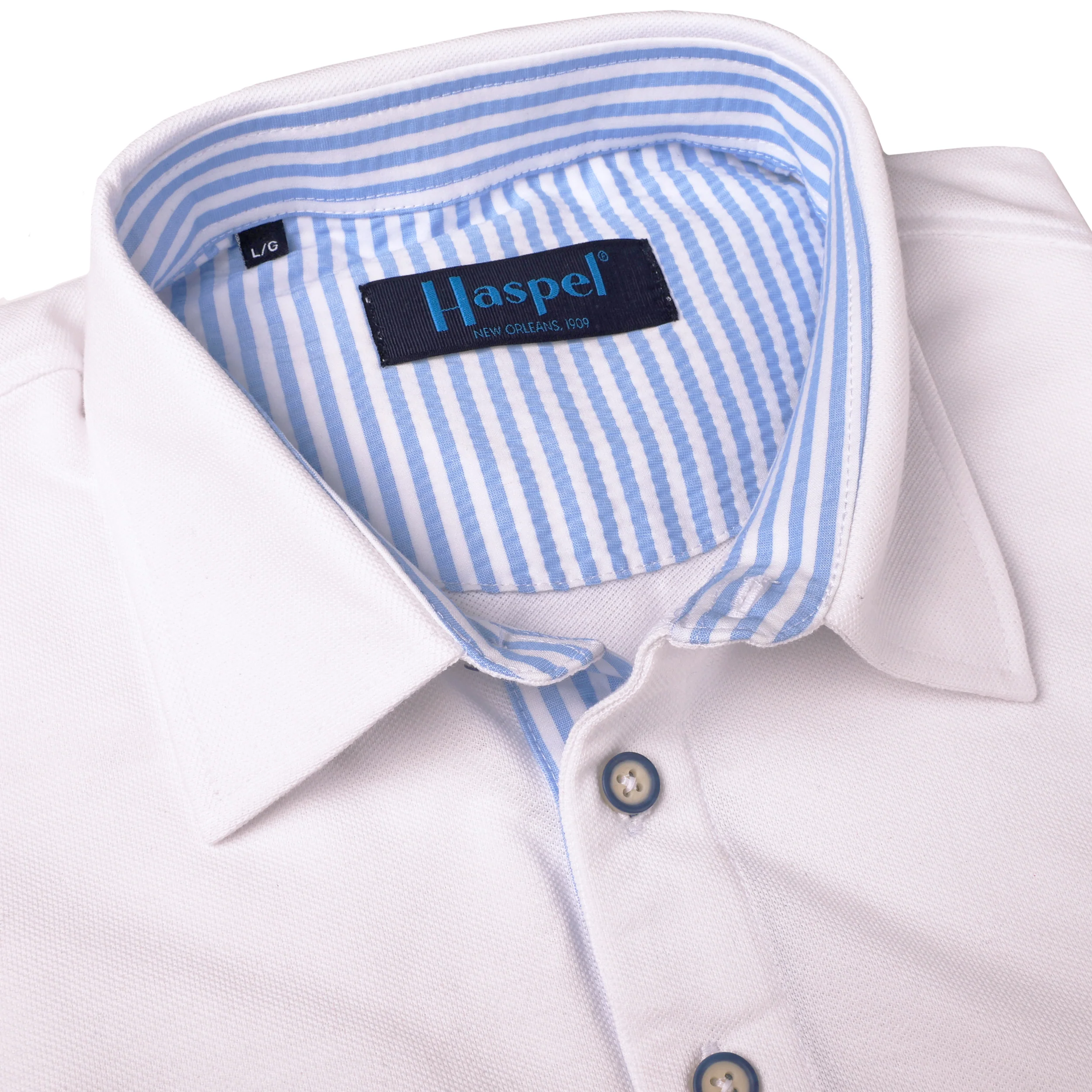 Corta TAILORED FIT White Polo with Lt. Blue Seersucker Trim