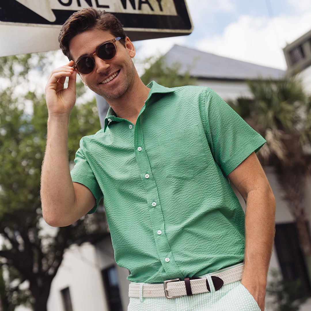 Freret Short Sleeve Solid Green Seersucker - Image 5