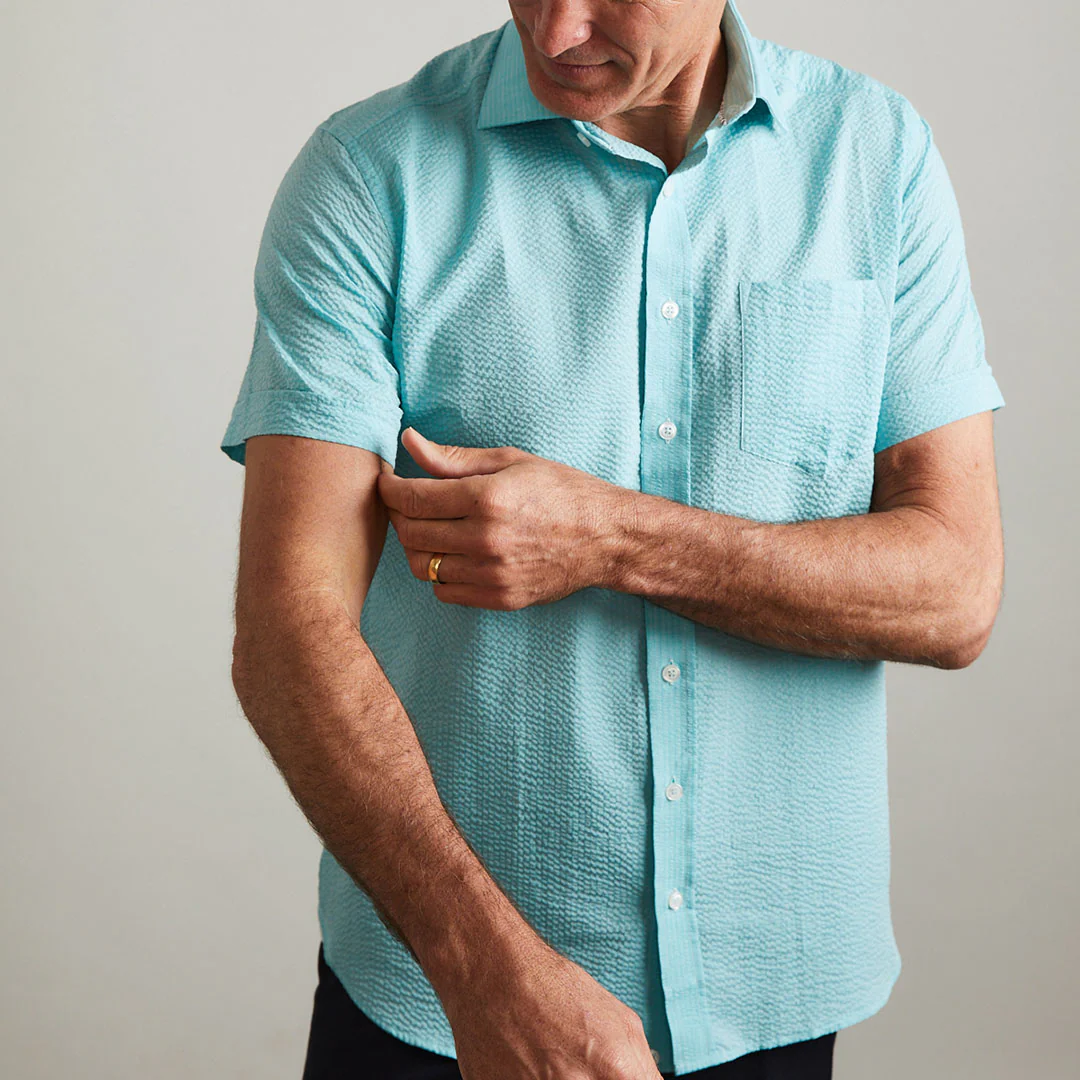 Freret Short Sleeve Teal Solid Seersucker - Image 3
