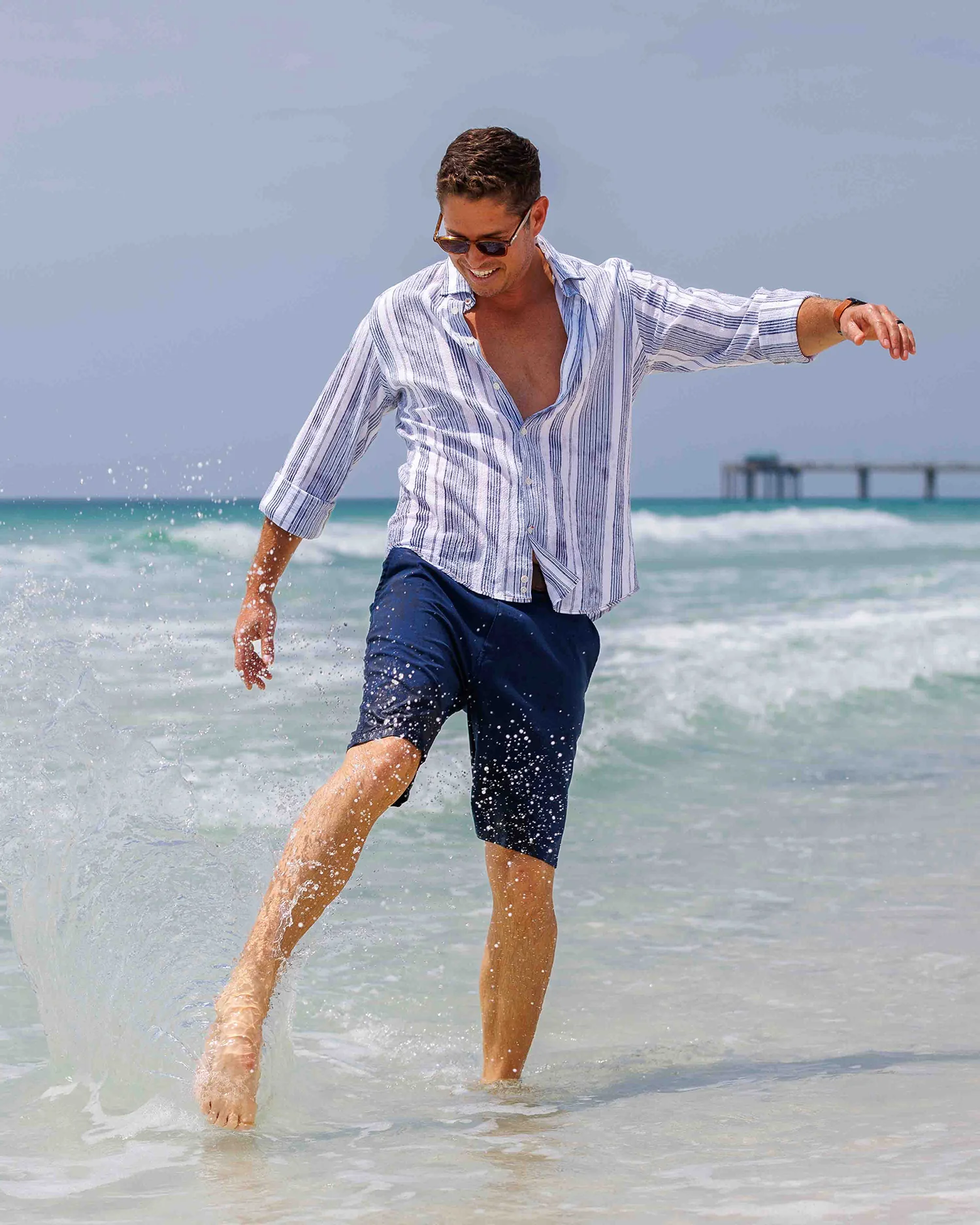 Kavanaugh Navy Blue Stripe Seersucker Long Sleeve Shirt - Image 3