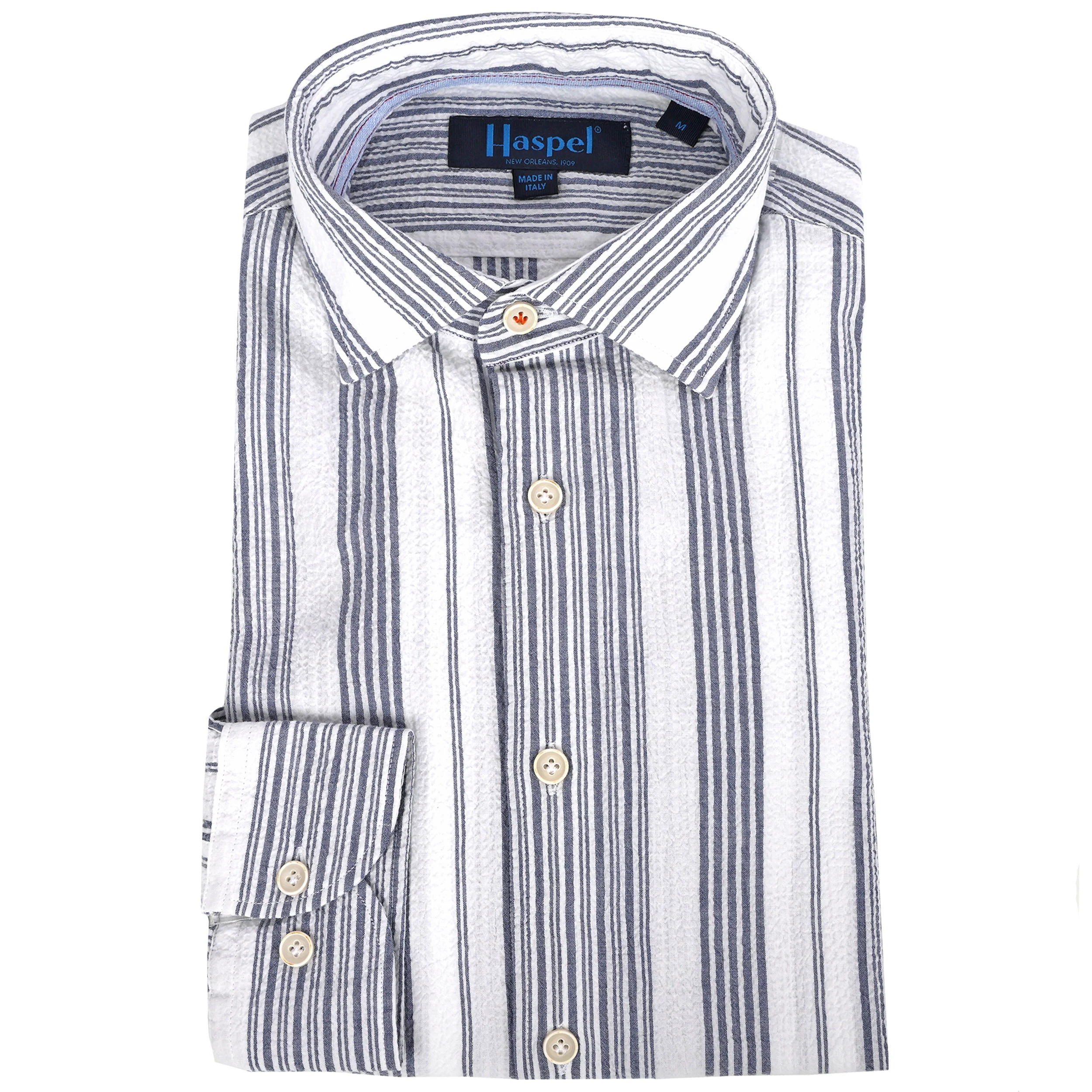 Kavanaugh Navy Blue Stripe Seersucker Long Sleeve Shirt - Image 7