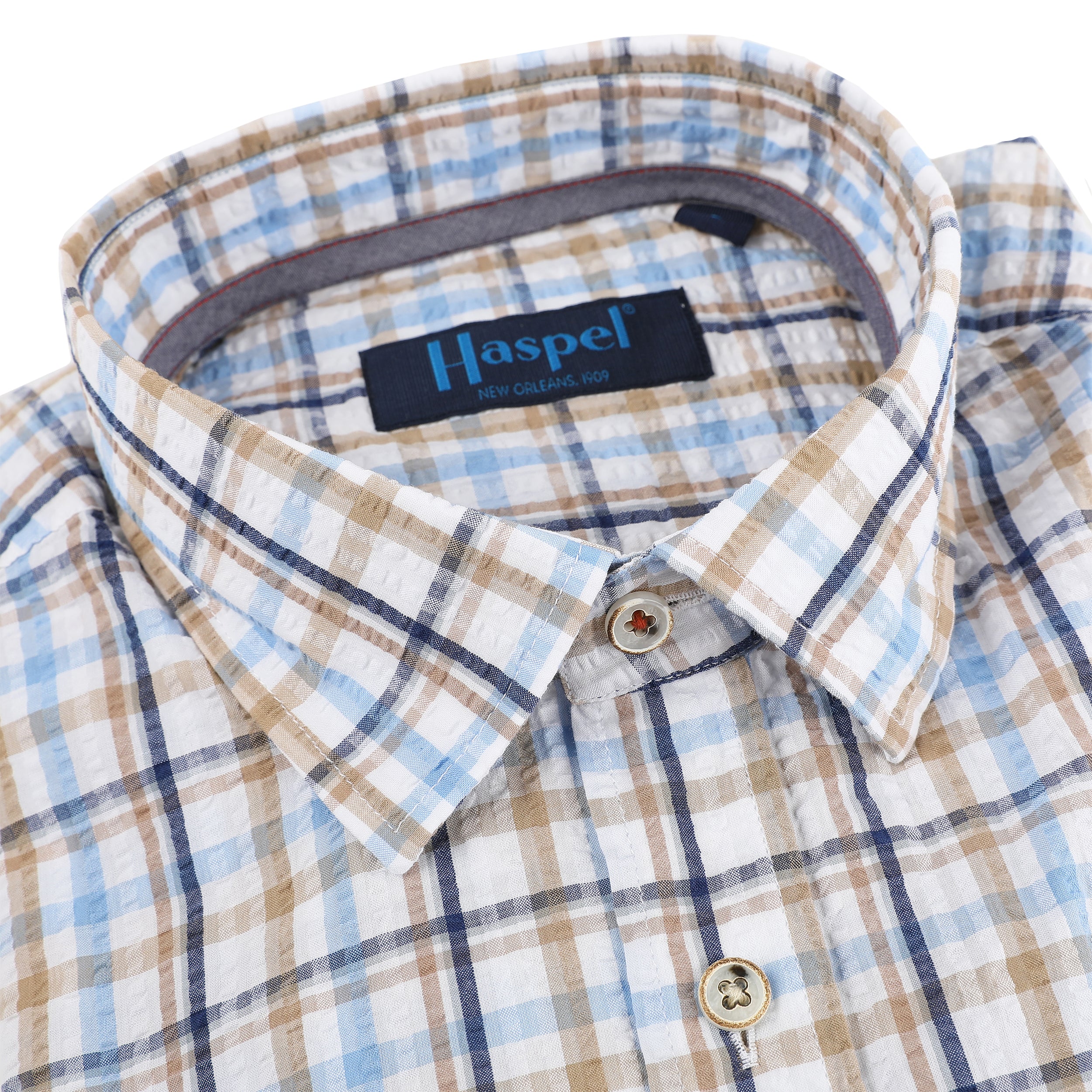 Chartres Blue & Tan Long Sleeve Check Seersucker Shirt