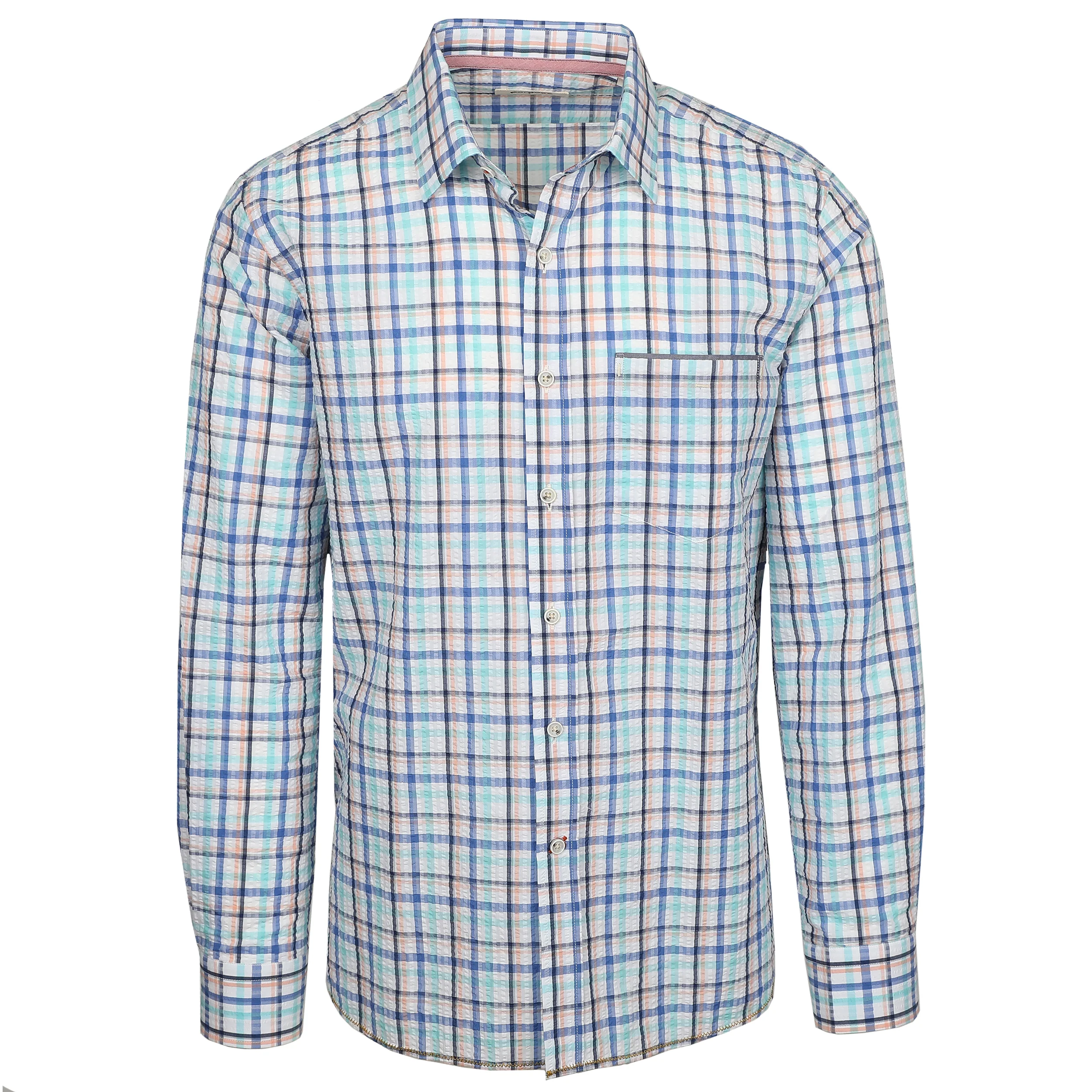 Chartres Royal Blue & Teal Long Sleeve Check Seersucker Shirt - Image 4