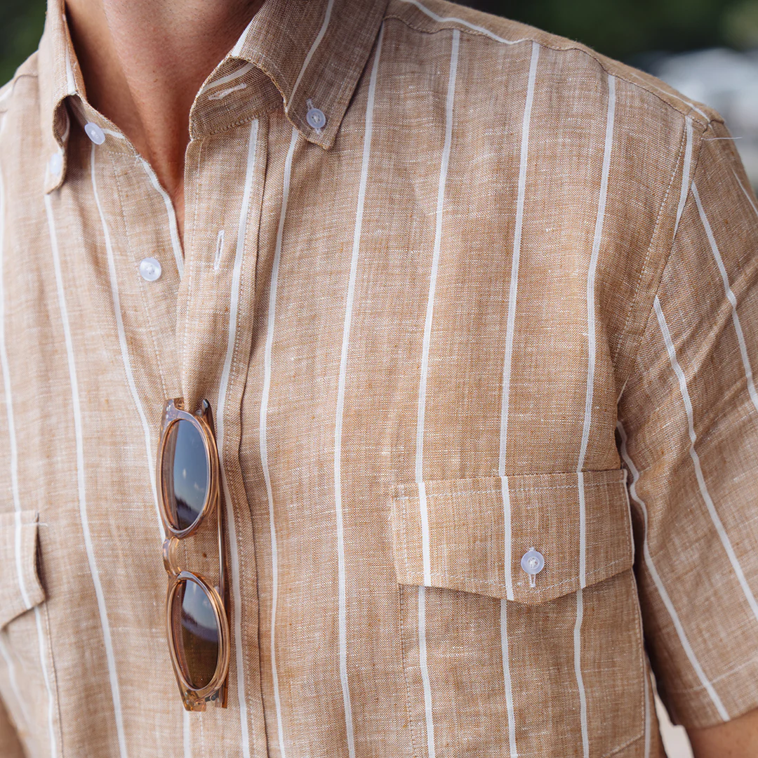 Sea Breeze Short Sleeve Tan Stripe Linen Shirt - Image 2
