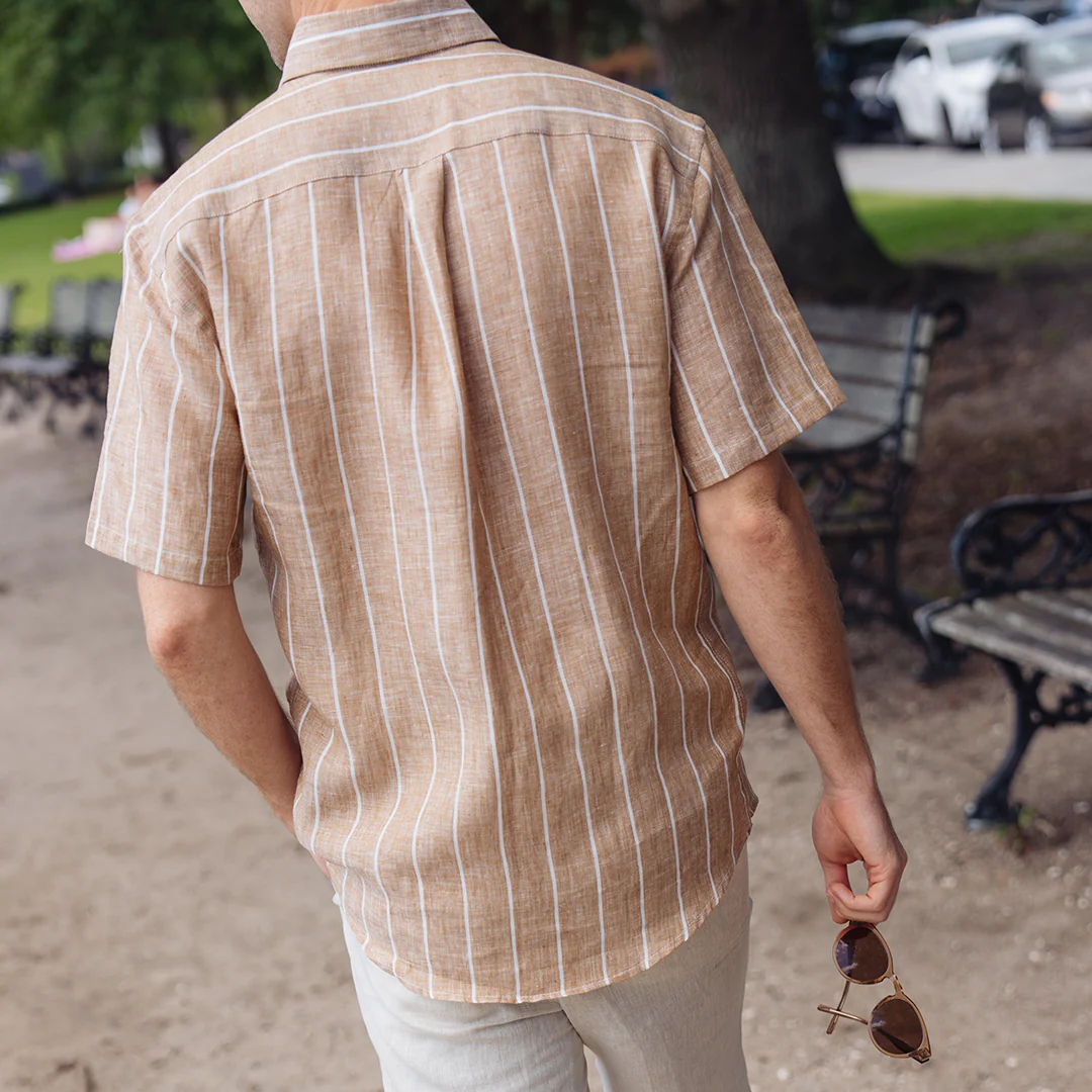 Sea Breeze Short Sleeve Tan Stripe Linen Shirt - Image 3