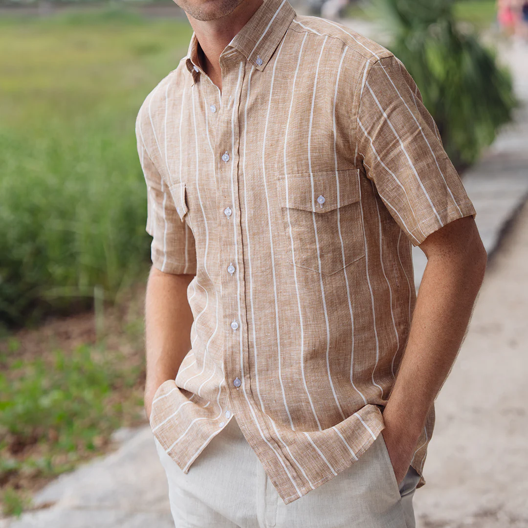 Sea Breeze Short Sleeve Tan Stripe Linen Shirt - Image 4