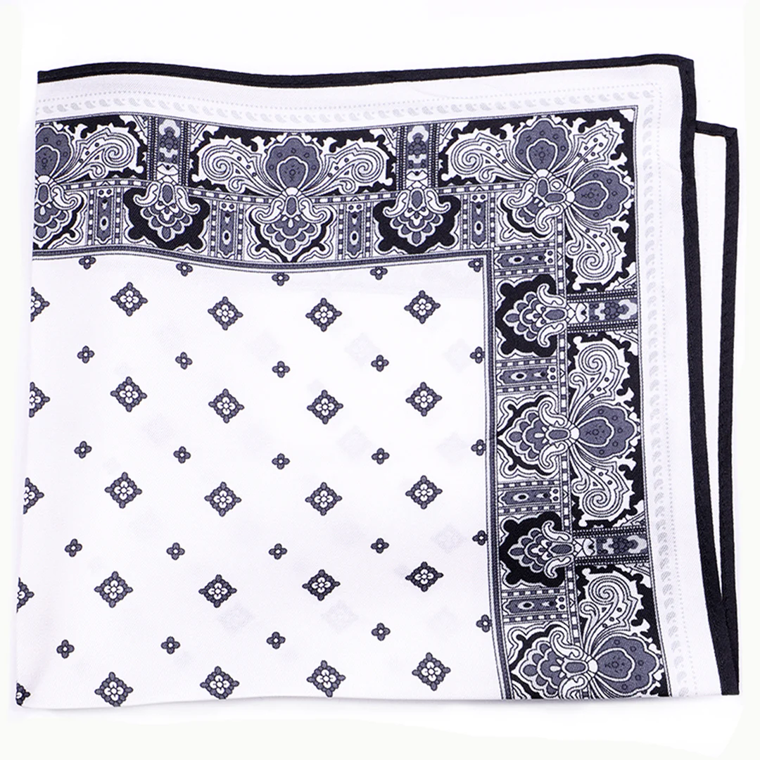 White with Black Paisley Border Silk Pocket Square